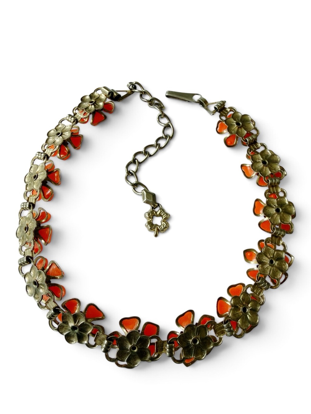Vintage Orange Thermoset & Rhinestone Brass-Tone Floral Statement Necklace - Picture 13 of 14